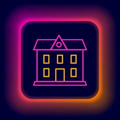 Glowing neon line School building icon isolated on black background. Colorful outline concept. Vector