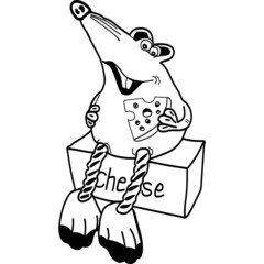 Happy mouse eats cheese and sits on a box of cheese