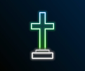 Glowing neon line Grave with cross icon isolated on black background. Colorful outline concept. Vector