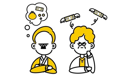 お金について悩むシンプルな中年男女セット　Worry about money simple middle aged set