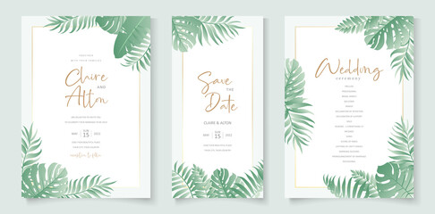 Wedding invitation design with tropical leaf ornament