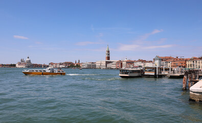 few boats sailing in the Venice lagoon in Italy due to the tremendous locktown caused by the...