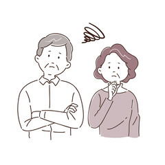 悩む夫婦、老夫婦、シニア、困る、心配する、男性、女性