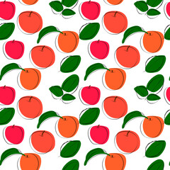 Seamless background with red apples and leaves, line art and color.