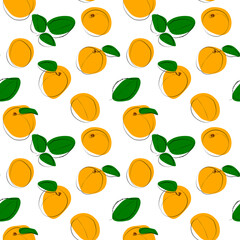 Seamless background with orange apricots and leaves, line art and color.