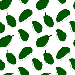 Seamless background with green avocados, line art and color.