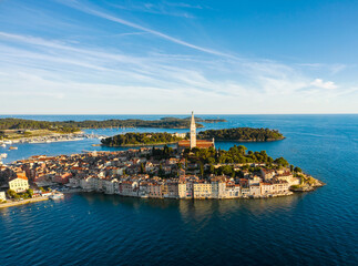 Beautiful Rovinj - aerial view taken by a drone from above the sea. The old town of Rovinj, Istria, Croatia