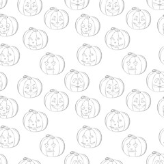 Seamless background with Jack’s lamps, black line art, Halloween.
