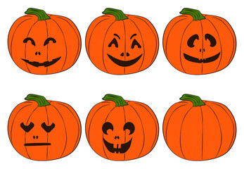 A set of Jack's lamps, an attribute of the Halloween holiday, six pumpkins.