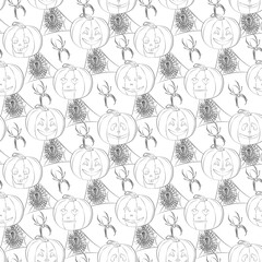 Seamless background with Jack’s lamps, spider web and web, black line art, Halloween.