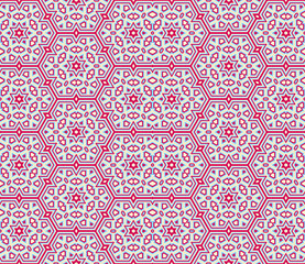 Seamless background with blue, red and gray ornament, geometric shape.