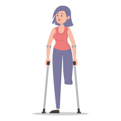 Young woman on crutches vector isolated. Injured lady, amputated leg. Concept of people with disability. Handicapped girl. Injured person.