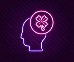 Glowing neon line Casino slot machine with clover symbol icon isolated on black background. Gambling games. Colorful outline concept. Vector