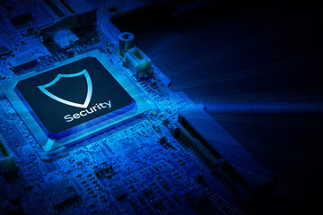 Processor chip. Network security technology with computer processor chip on digital motherboard background. Internet business and networking concept.