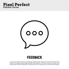 Feedback, review thin line icon. Speech bubble with three dots. Pixel perfect, editable stroke. Vector illustration.