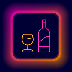 Glowing neon line Wine bottle with glass icon isolated on black background. Colorful outline concept. Vector
