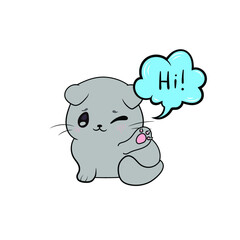 Vector cartoon kitten saying Hi, illustration, comic style and blue talk bubble, cat isolated on white background.
