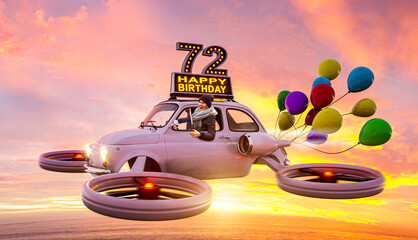 72 Jahre – Geburtstagskarte mit fliegendem Auto