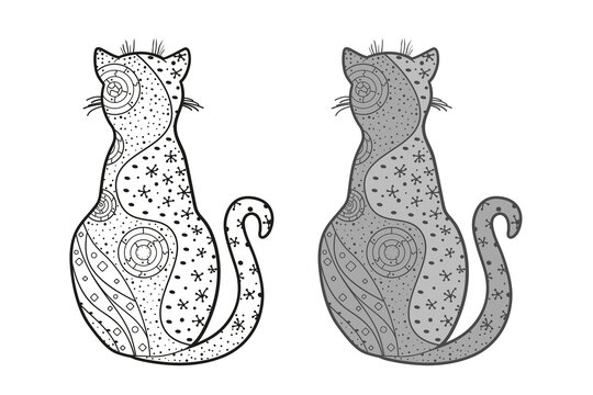 Cat. Zentangle. Hand drawn zen animal with abstract patterns on isolated background. Different color options. Black and white illustration