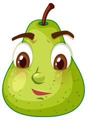 Green pear cartoon character with confused face expression on white background