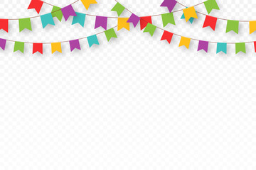 Carnival garland with pennants. Decorative colorful party flags for birthday celebration, festival and fair decoration. Festive background with hanging flags and pennants