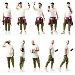 Set of various poses and gestures of cool stylish bald man with phone and water bottle. Full body...