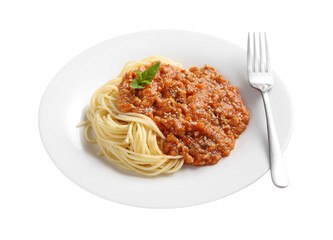 Close up a spaghetti and red sauce in white dish on white background