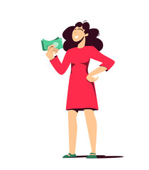 A woman brags about the first money she earned. Curly contented young woman in red dress holding banknotes in her hand. Vector illustration isolated on white background.