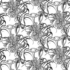 Fototapeta premium seamless pattern of flowers and leaves of irises in vintage style Art Nouveau and Art Deco with gold. Exquisite botanical background. Hommage Victorian fabric design