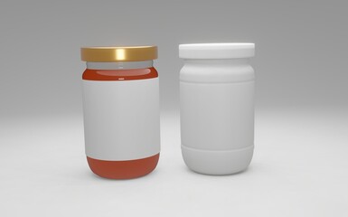 3D blank plastic and glass bottle mockup isolated on white. jam bottle mockup