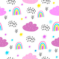 Rainbow seamless pattern for decorating children's clothing, fabrics, and rooms. Clouds and rainbows.Flat doodle style.Cute illustration for printing on children's items.