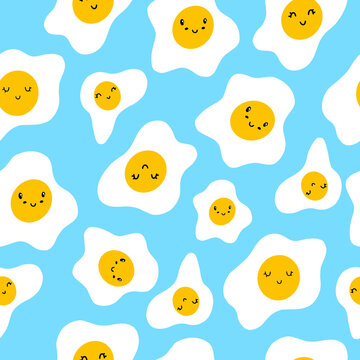 A pattern with a cute omelet. Seamless pattern with scrambled eggs for the design of fabrics, clothing, wallpaper. Kawaii with omelet. Cute set for printing in a cafe, tablecloths, towels.
