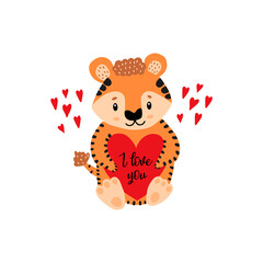 Happy Valentine's Day. 2022 is the year of the tiger. Vector isolated illustration with a wild animal-a tiger sitting with a heart. Children's print for clothes,fabrics, rooms. I love you