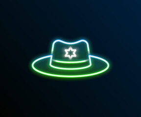 Glowing neon line Sheriff hat with badge icon isolated on black background. Colorful outline concept. Vector