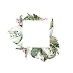 Fototapeta na wymiar Watercolor floral wreath. Hand painted frame of tropical leaves, palm, green monster, jungle leaf. Exotic border.Isolated on white background. Botanical illustration for design, print
