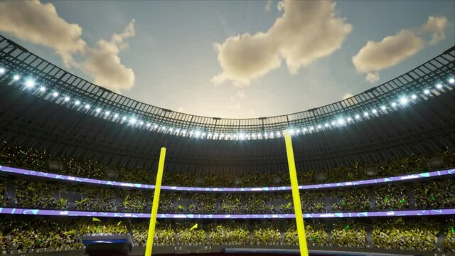 American football stadium with fans cloudy evening crowd waiting game clamping and waving flags . High quality 4k footage
