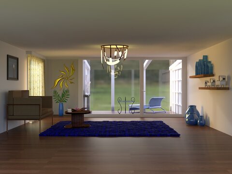 Interior scene of a livingroom with a wintergarden