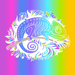 Fototapeta premium Hand Drawn Colored Chameleon in Doodle Style Isolated on Rainbow Background. Hand drawn reptile vector Illustration in cartoon style. Tropical Animal Collection. 