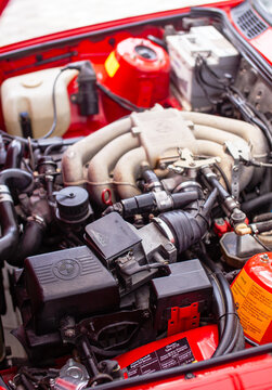 KYIV, UKRAINE - May 24, 2020: The engine compartment of a BMW e30 with an installed motor M20B20