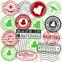 Mauritania Set of Stamps. Travel Passport Stamps. Made In Product Design Seals in Old Style Insignia. Icon Clip Art Vector Collection.