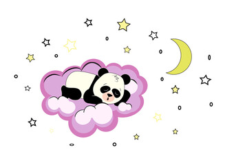Sleeping cute panda on a violet cloud in sky with stars and moon