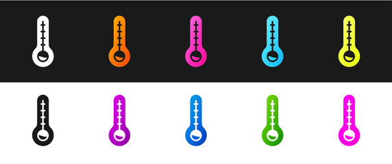 Set Meteorology thermometer measuring heat and cold icon isolated on black and white background. Thermometer equipment showing hot or cold weather. Vector