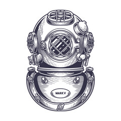 Vintage diving helmet. Colorful hand drawn vector illustration in engraving technique of "Mark V" diving helmet isolated on white.
