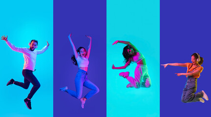 Portraits of group of people, young man jumping isolated on multicolored background in neon light, collage.