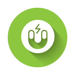 White Magnet icon isolated with long shadow background. Horseshoe magnet, magnetism, magnetize, attraction. Green circle button. Vector