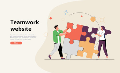 Coworking and business partnership concept. Business metaphor. People connecting puzzle elements or jigsaw pieces banner