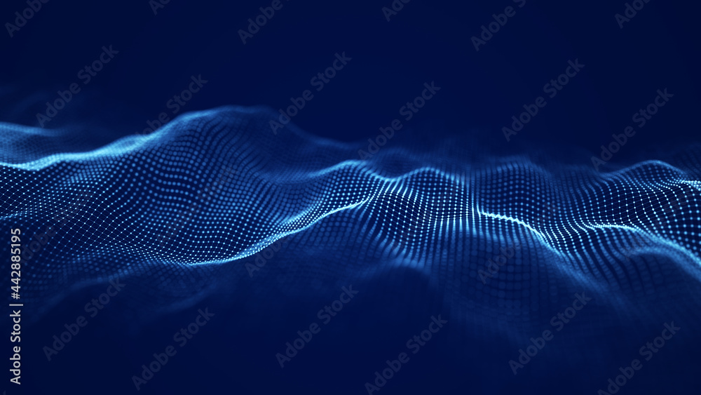 Wall mural abstract wave with moving dots. flow of particles. cyber technology illustration. 3d rendering