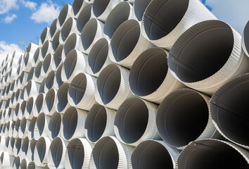 Downpipe warehouse. Steel pipes, parts for the construction of a roof drainage system in a...