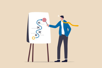 Business strategy planning, marketing tactic or winning strategy to achieve target, project blocker and solution to be success concept, smart businessman presenting business strategy on whiteboard. - obrazy, fototapety, plakaty