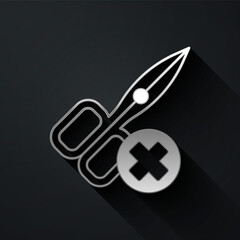 Silver No scissors icon isolated on black background. Long shadow style. Vector